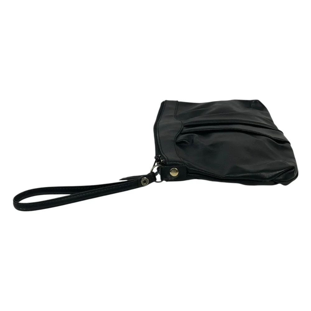 VTG Holiday Fair Wristlet Clutch Bag Womens Black Leather Look Zip Pouch Evening